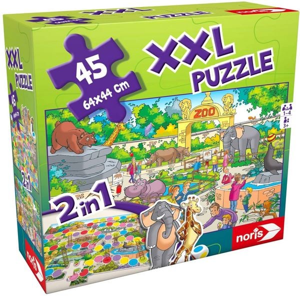 Noris 606031913 – XXL Puzzle und Leiterspiel, 2 in 1, Thema Zoo, 45 Teile